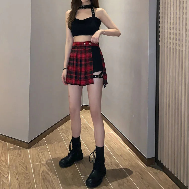 kawaiies-softtoys-plushies-kawaii-plush-Half-Cut High Waist Black Checked Mini Skirts Apparel 