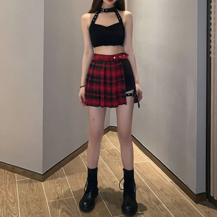 kawaiies-softtoys-plushies-kawaii-plush-Half-Cut High Waist Black Checked Mini Skirts Apparel 