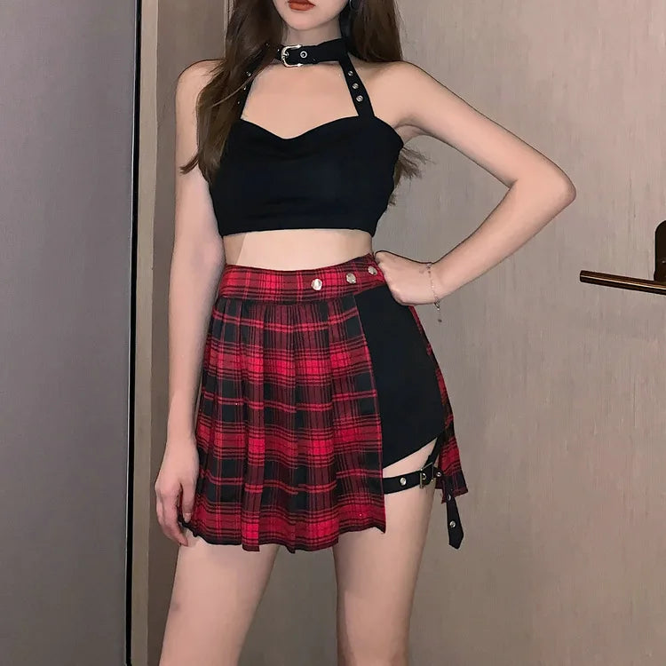 kawaiies-softtoys-plushies-kawaii-plush-Half-Cut High Waist Black Checked Mini Skirts Apparel Checked Rad S 