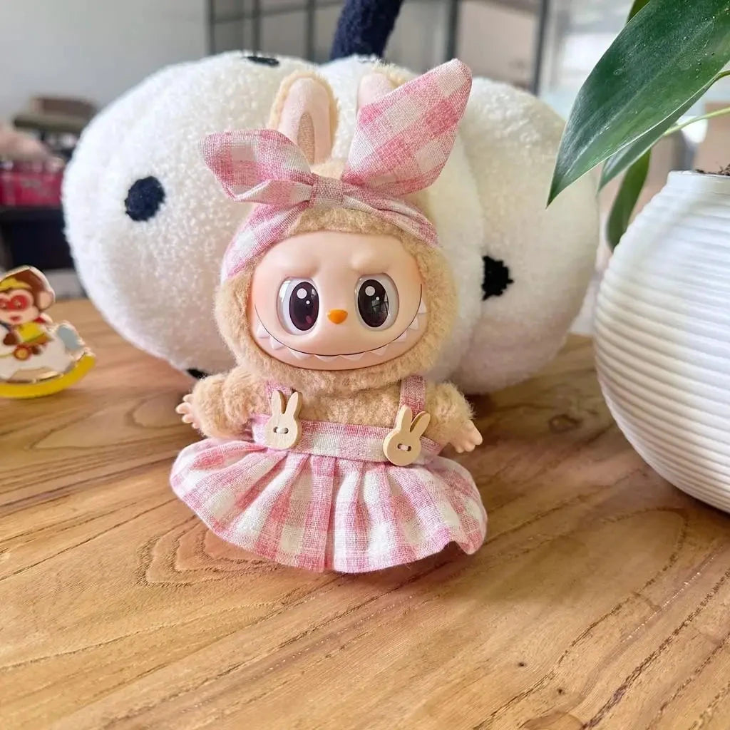 kawaiies-softtoys-plushies-kawaii-plush-Handmade Labubu Plaid Pink Green Dress Outfit with Accessories Accessories 