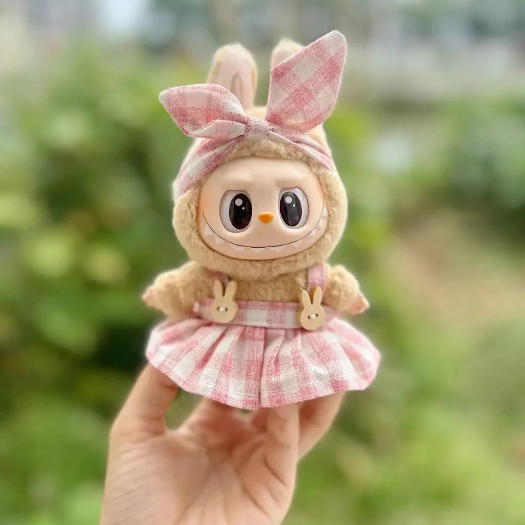 kawaiies-softtoys-plushies-kawaii-plush-Handmade Labubu Plaid Pink Green Dress Outfit with Accessories Accessories Pink 