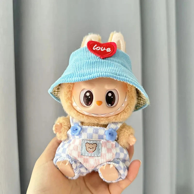 kawaiies-softtoys-plushies-kawaii-plush-Handmade Labubu Summer Dungarees Checked Bear Outfit with Accessories Accessories Blue Dunagrees 