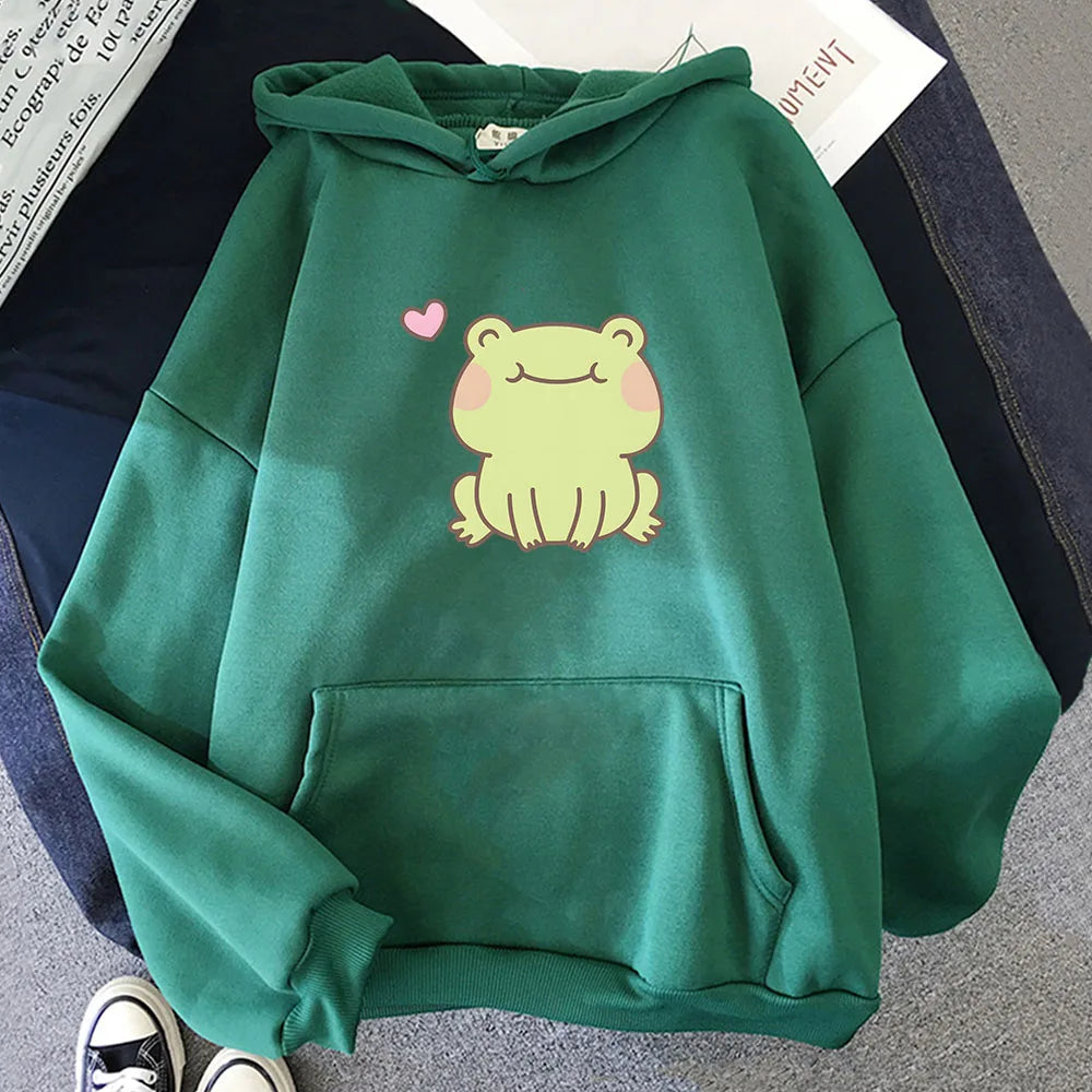 kawaiies-softtoys-plushies-kawaii-plush-Happy Green Blushing Frog Unisex Hoodie Apparel Dark Green XS 