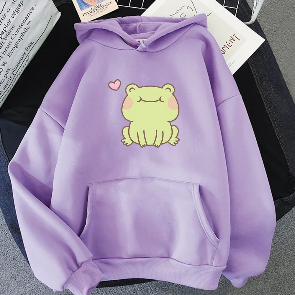 kawaiies-softtoys-plushies-kawaii-plush-Happy Green Blushing Frog Unisex Hoodie Apparel Light Purple XS 