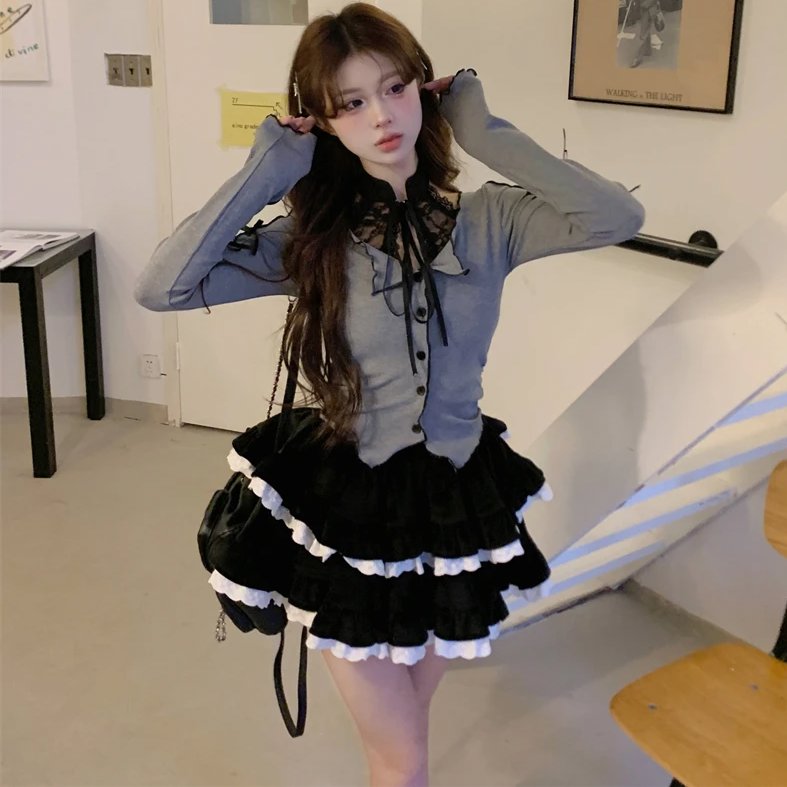 kawaiies-softtoys-plushies-kawaii-plush-Harajuku Goth Ribbon Skirt Two Piece Set Apparel 