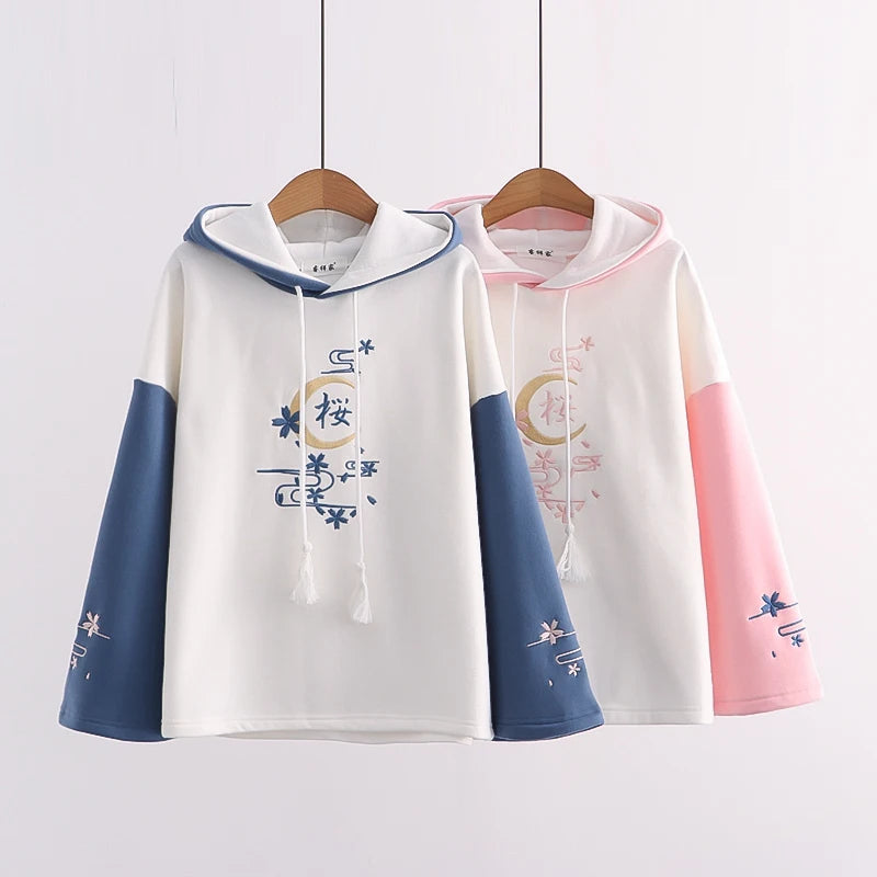 kawaiies-softtoys-plushies-kawaii-plush-Harajuku Moon Sakura Blue Pink Loose Women's Hoodie Hoodies 