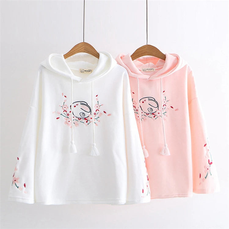 kawaiies-softtoys-plushies-kawaii-plush-Harajuku White Pink Bunny Sakura Embroidery Hoodie Apparel 