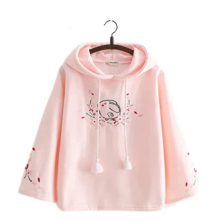 kawaiies-softtoys-plushies-kawaii-plush-Harajuku White Pink Bunny Sakura Embroidery Hoodie Apparel 