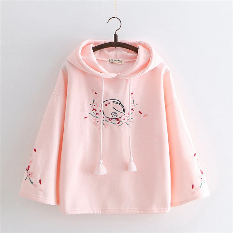 kawaiies-softtoys-plushies-kawaii-plush-Harajuku White Pink Bunny Sakura Embroidery Hoodie Apparel Pink 