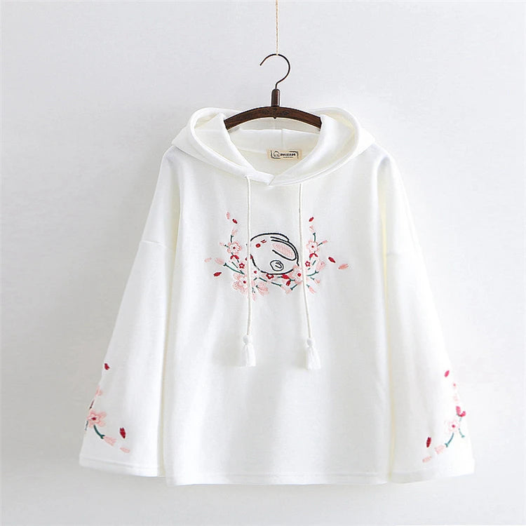 kawaiies-softtoys-plushies-kawaii-plush-Harajuku White Pink Bunny Sakura Embroidery Hoodie Apparel White 