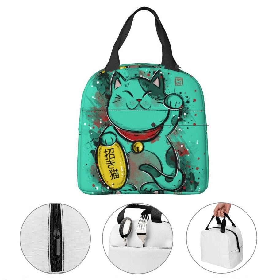 kawaiies-softtoys-plushies-kawaii-plush-Jade Green Lucky Cat Insulated Lunch Bag Bag 