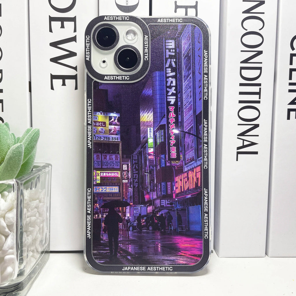 kawaiies-softtoys-plushies-kawaii-plush-Japanese Aesthetic Tokyo Neon Lights Black Hues iPhone Case Accessories 