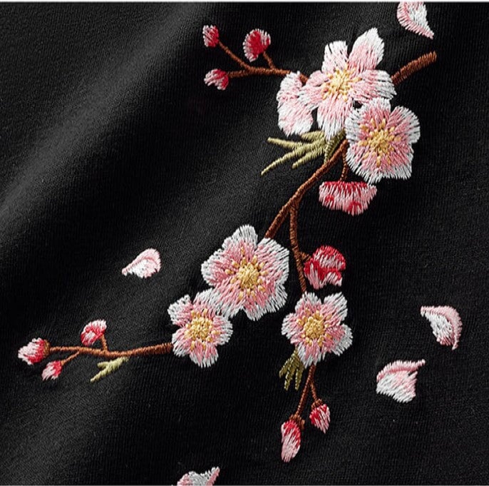 Japanese Style Cherry Blossom Embroidery Tshirt Perfect Gift For Him - Harajuku Style Kawaii Mens hot Shirt - Japanese Streetwear Retro Shirt