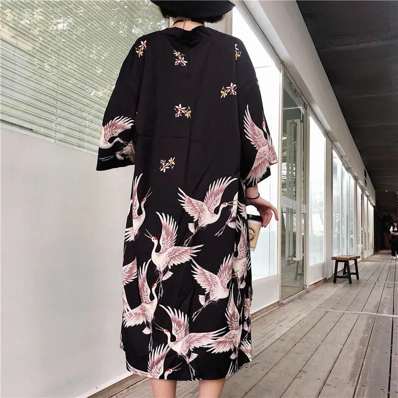 kawaiies-softtoys-plushies-kawaii-plush-Japanese Crane Print Long Kimono Kimono 