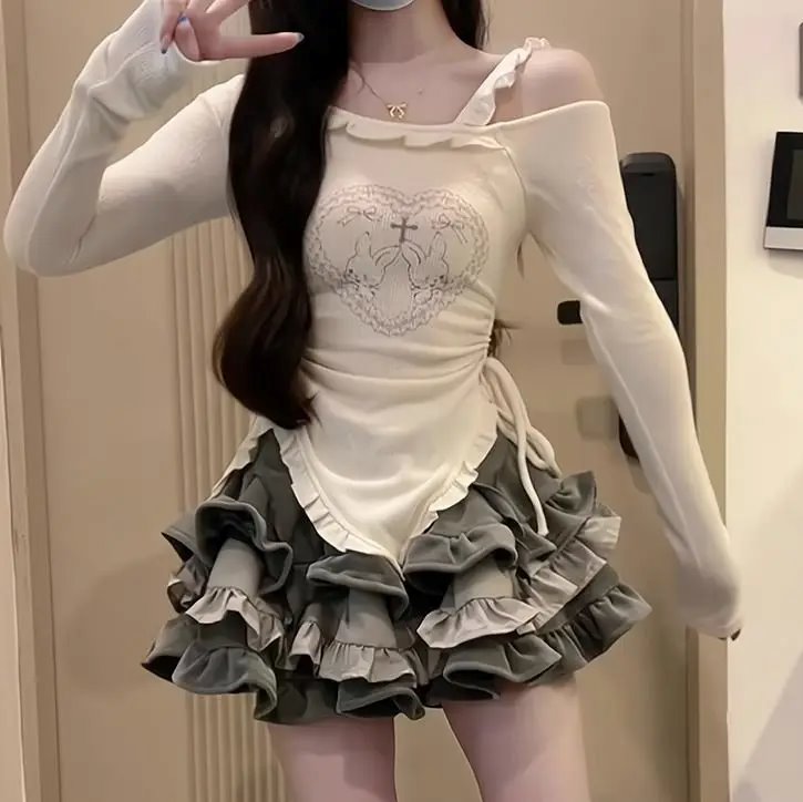 kawaiies-softtoys-plushies-kawaii-plush-Japanese Harajuku Gray White Bunny Ruffled Skirt Top Apparel 