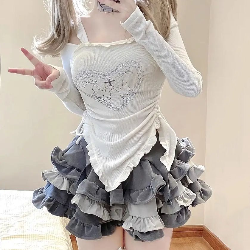 kawaiies-softtoys-plushies-kawaii-plush-Japanese Harajuku Gray White Bunny Ruffled Skirt Top Apparel 