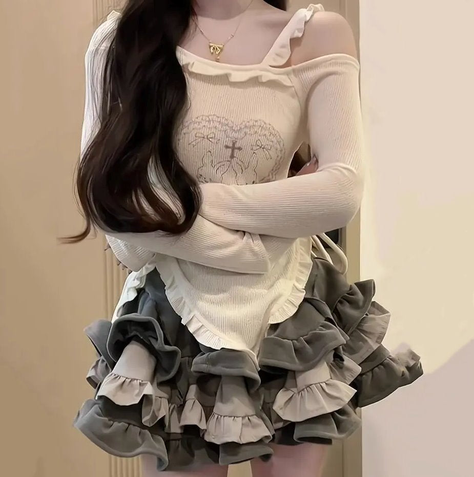 kawaiies-softtoys-plushies-kawaii-plush-Japanese Harajuku Gray White Bunny Ruffled Skirt Top Apparel 