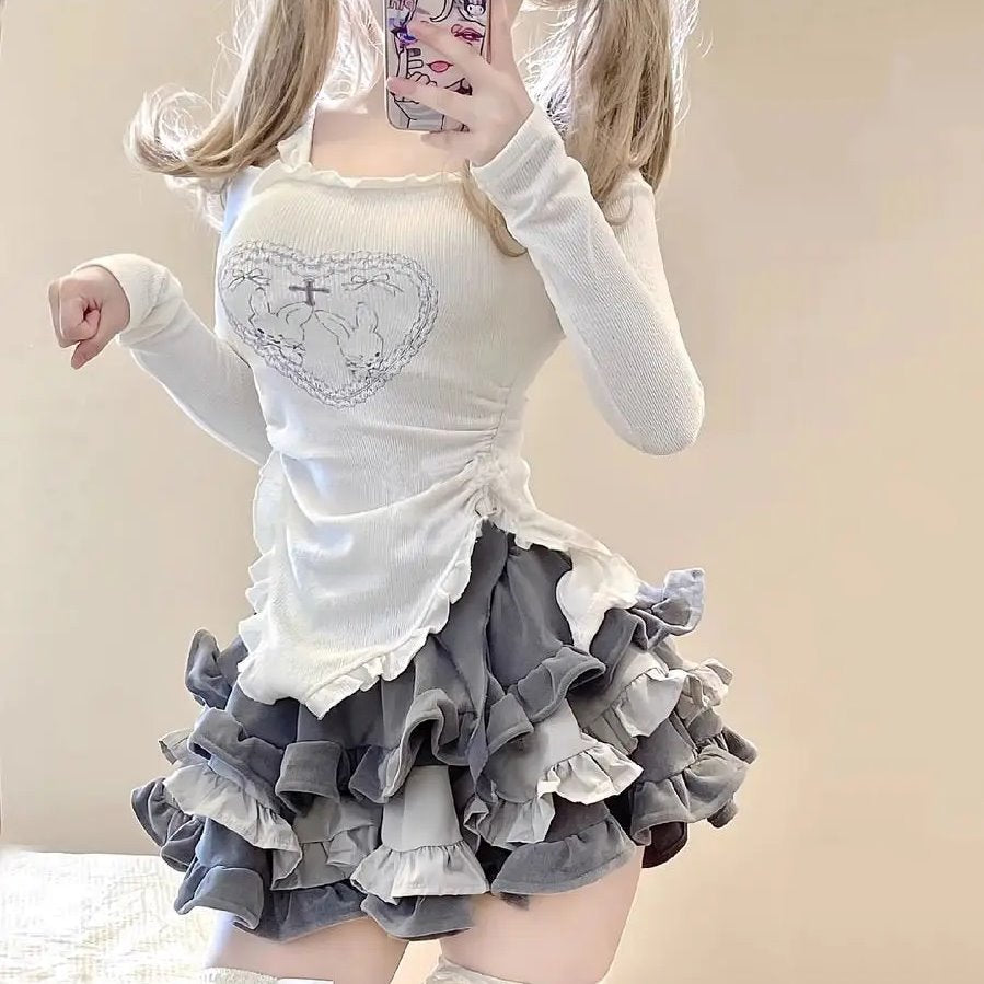 kawaiies-softtoys-plushies-kawaii-plush-Japanese Harajuku Gray White Bunny Ruffled Skirt Top Apparel 