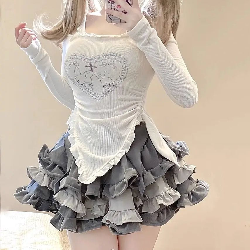 kawaiies-softtoys-plushies-kawaii-plush-Japanese Harajuku Gray White Bunny Ruffled Skirt Top Apparel Skirt & Top S 