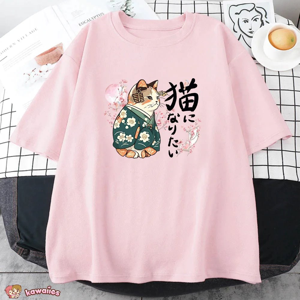 kawaiies-softtoys-plushies-kawaii-plush-Japanese Kimono Cat Sakura Kanji Unisex Tee Tops 