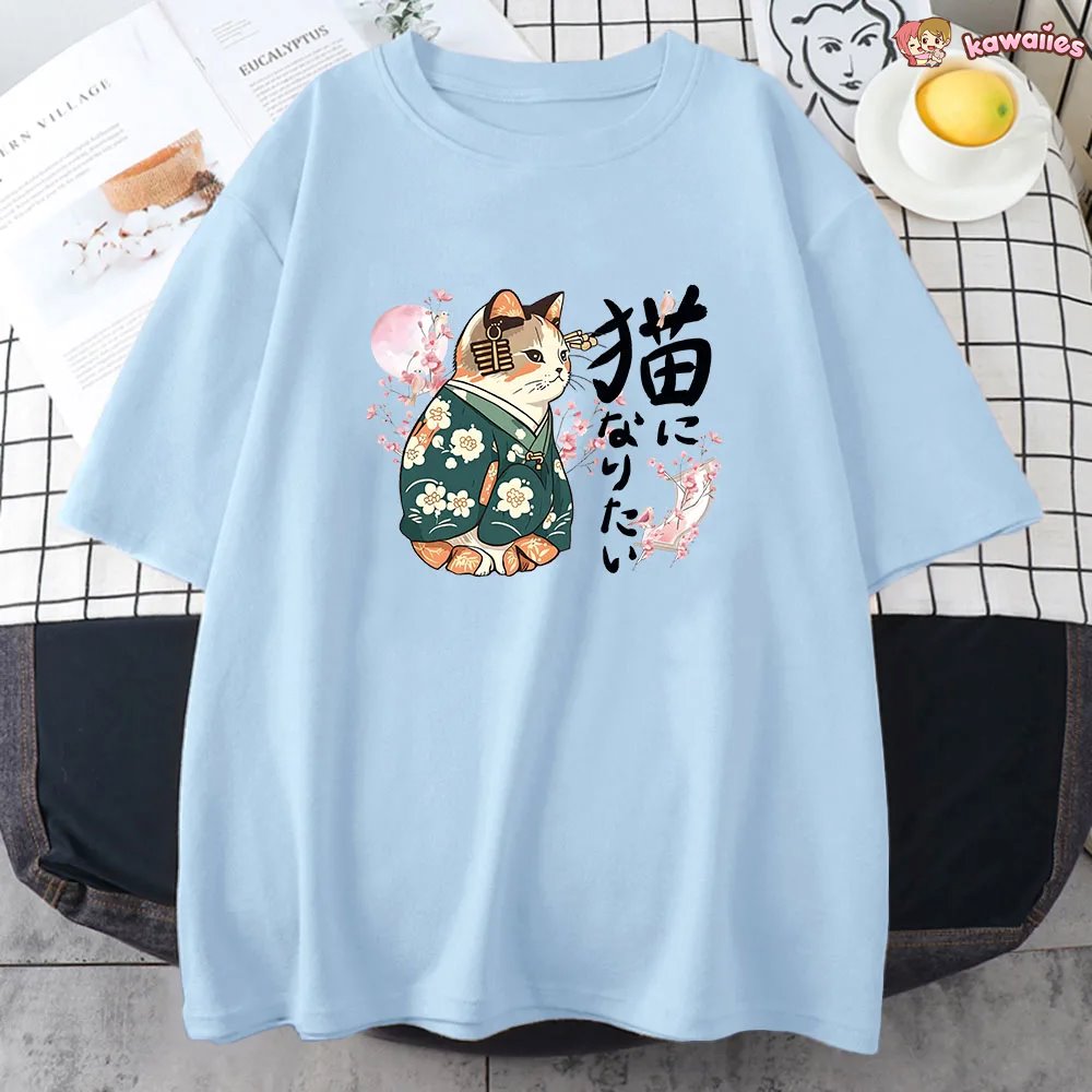 kawaiies-softtoys-plushies-kawaii-plush-Japanese Kimono Cat Sakura Kanji Unisex Tee Tops 