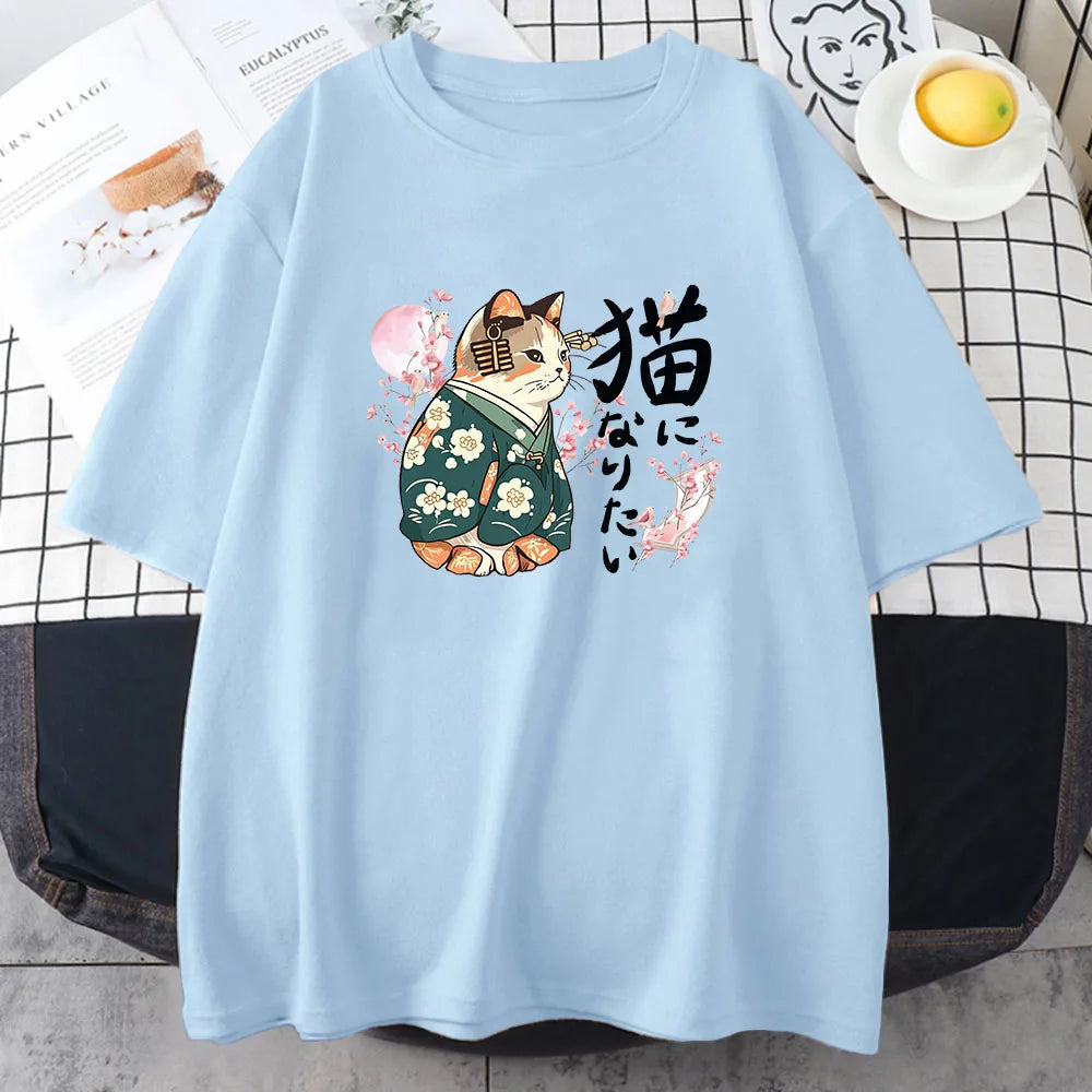 kawaiies-softtoys-plushies-kawaii-plush-Japanese Kimono Cat Sakura Kanji Unisex Tee Tops Blue XS 