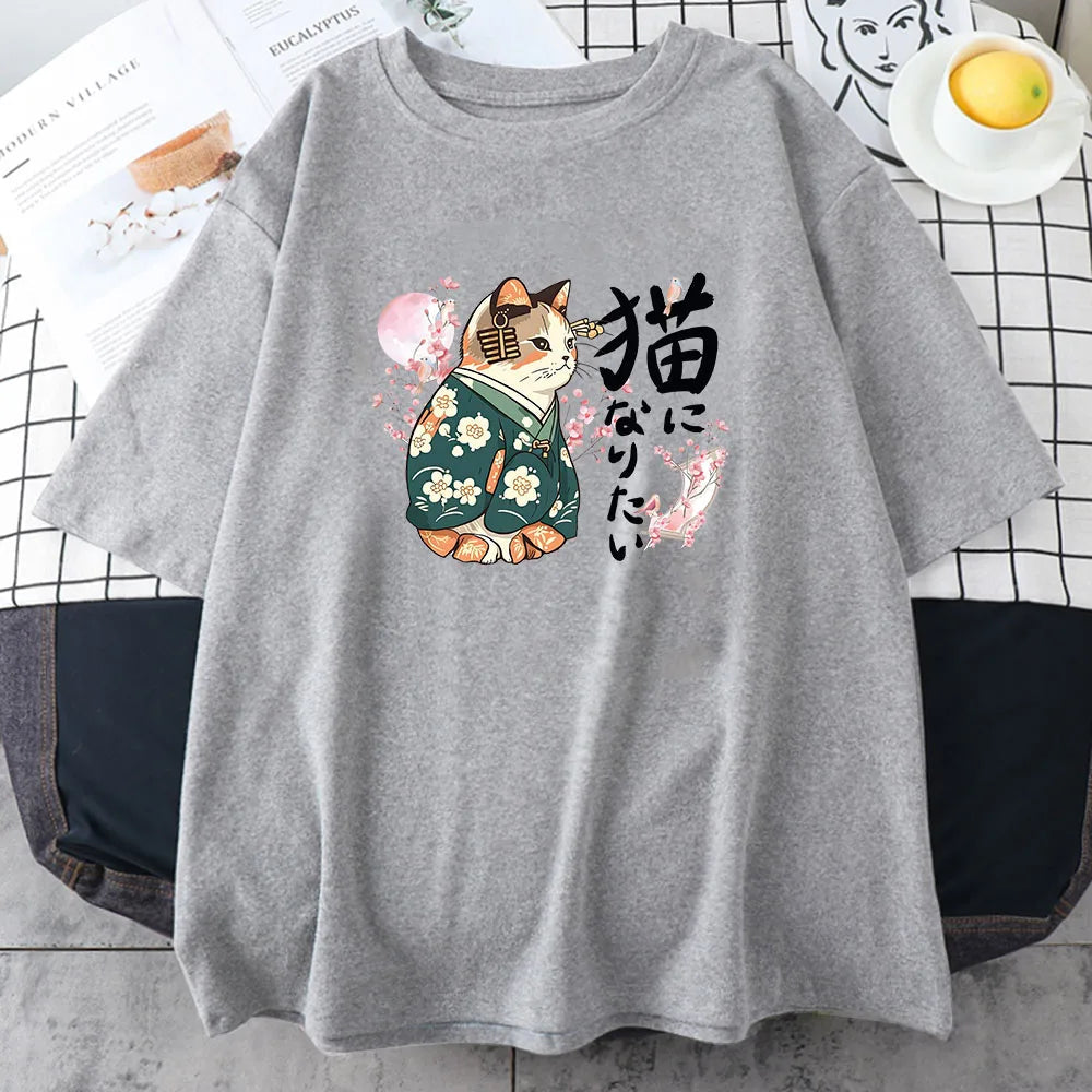 kawaiies-softtoys-plushies-kawaii-plush-Japanese Kimono Cat Sakura Kanji Unisex Tee Tops Gray XS 