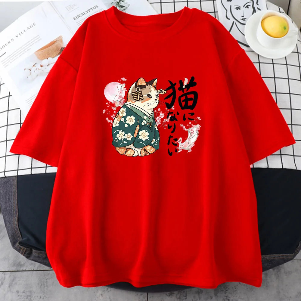 kawaiies-softtoys-plushies-kawaii-plush-Japanese Kimono Cat Sakura Kanji Unisex Tee Tops Red XS 