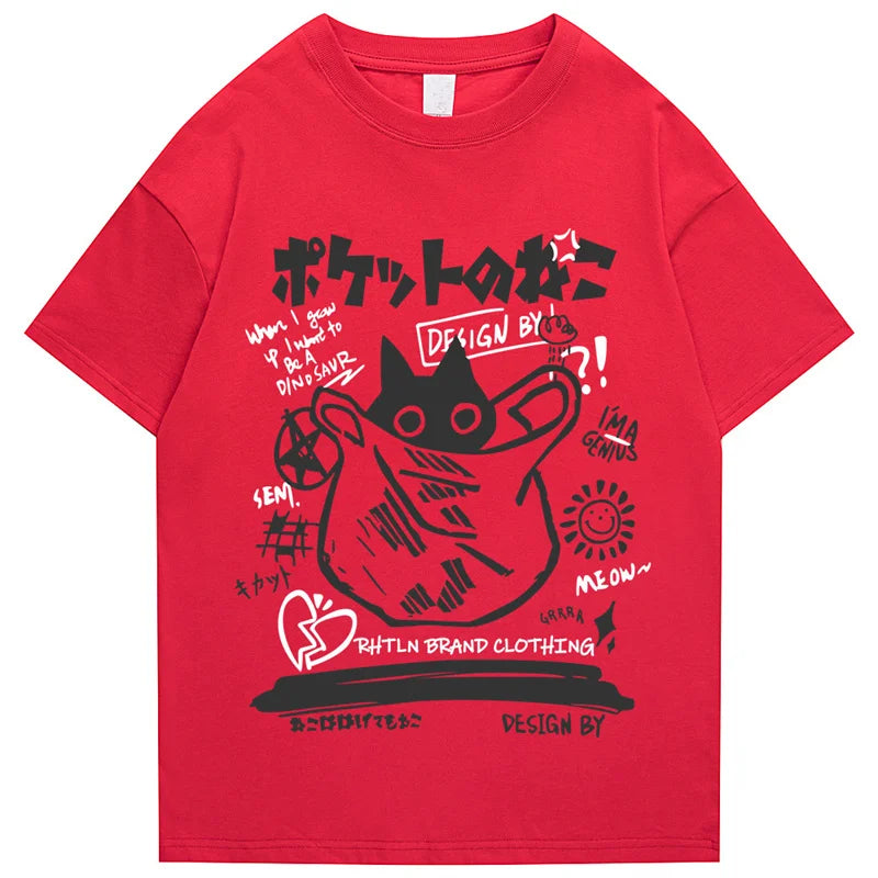 kawaiies-softtoys-plushies-kawaii-plush-Japanese-theme Black Cat in a Bag Unisex Tee Apparel Red S 