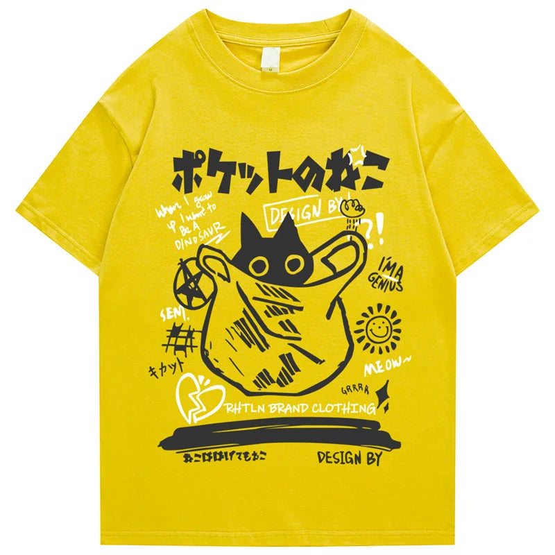 kawaiies-softtoys-plushies-kawaii-plush-Japanese-theme Black Cat in a Bag Unisex Tee Apparel Yellow S 