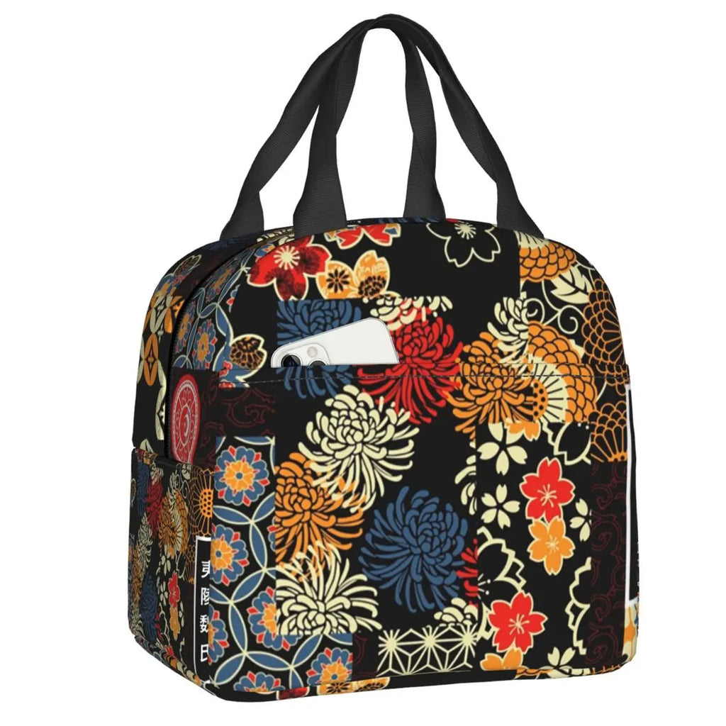 kawaiies-softtoys-plushies-kawaii-plush-Japanese-theme Floral Insulated Lunch Bag Collection Bag Black 