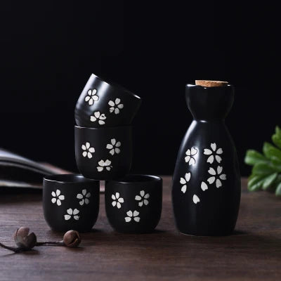 kawaiies-softtoys-plushies-kawaii-plush-Japanese-theme Sakura Blossom Ceramic Sake Set 5-Piece Cup Collection 2 Home Decor Black 