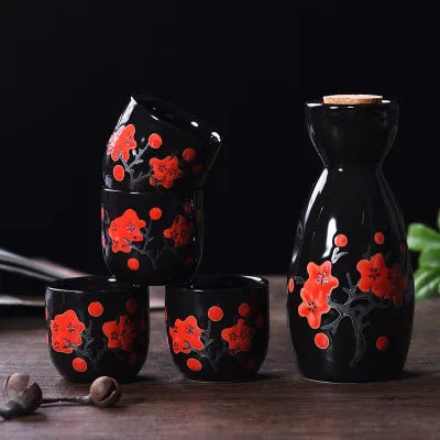 kawaiies-softtoys-plushies-kawaii-plush-Japanese-theme Sakura Blossom Ceramic Sake Set 5-Piece Cup Collection Home Decor Black 