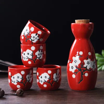 kawaiies-softtoys-plushies-kawaii-plush-Japanese-theme Sakura Blossom Ceramic Sake Set 5-Piece Cup Collection Home Decor Red 