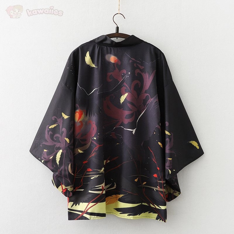 kawaiies-softtoys-plushies-kawaii-plush-Japanese-themed Black Red Crows Unisex Kimono Kimono 