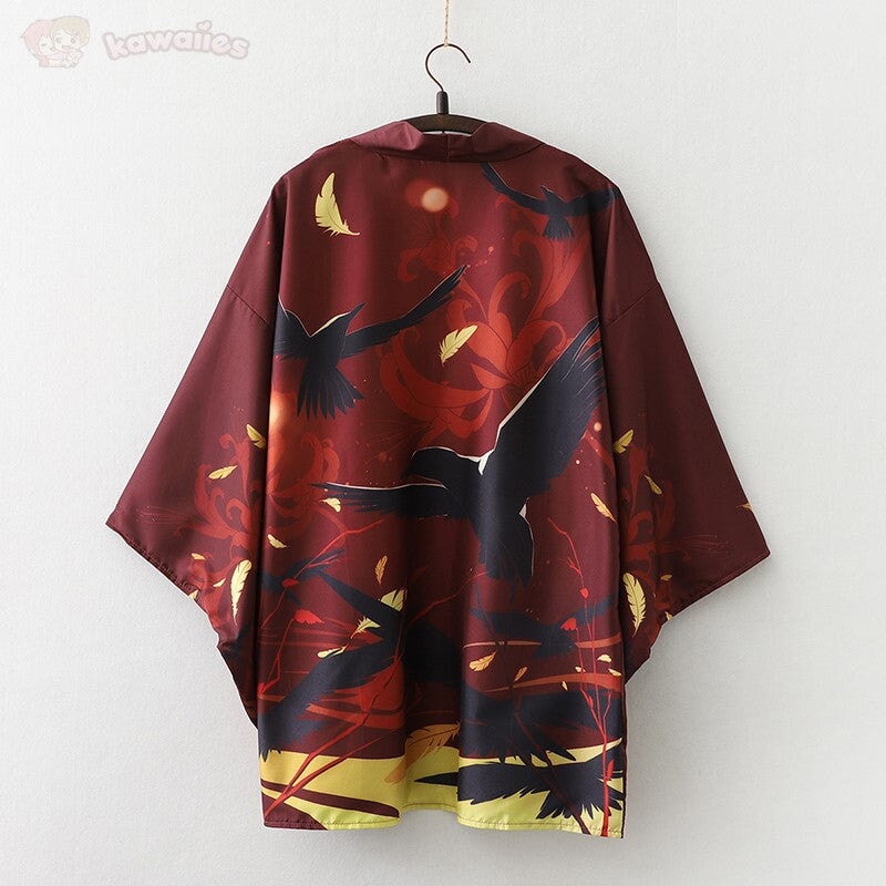 kawaiies-softtoys-plushies-kawaii-plush-Japanese-themed Black Red Crows Unisex Kimono Kimono 