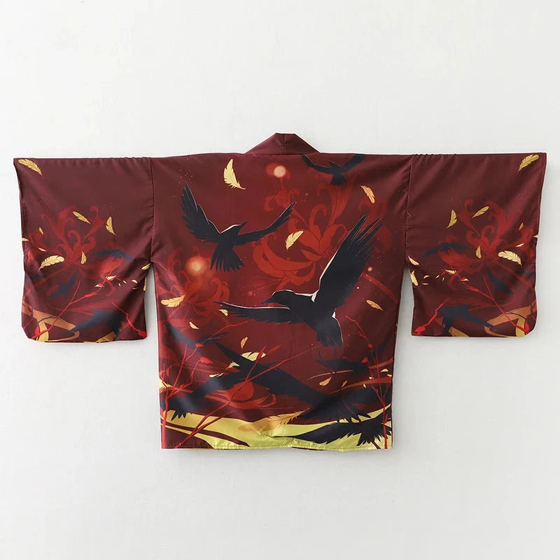 kawaiies-softtoys-plushies-kawaii-plush-Japanese-themed Black Red Crows Unisex Kimono Kimono Red 