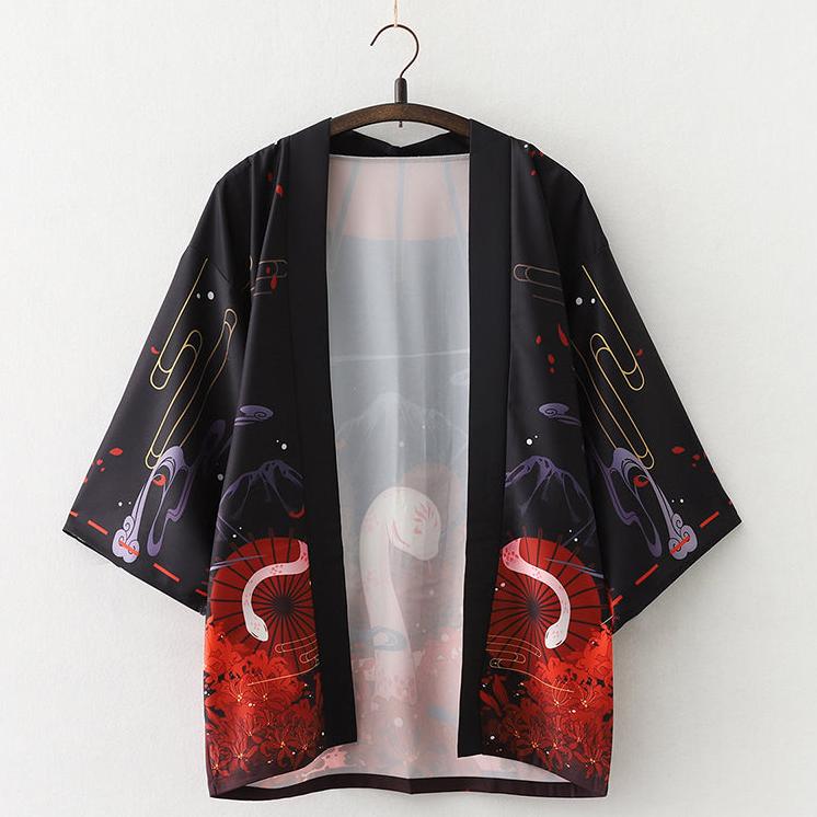 kawaiies-softtoys-plushies-kawaii-plush-Japanese-themed Black Red Fox Snake Shrine Women's Kimono Kimono 