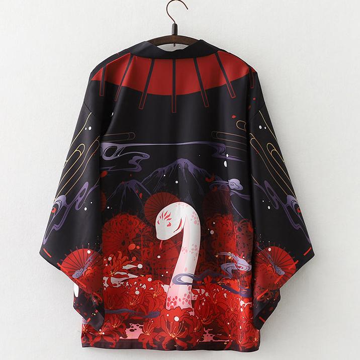 kawaiies-softtoys-plushies-kawaii-plush-Japanese-themed Black Red Fox Snake Shrine Women's Kimono Kimono 