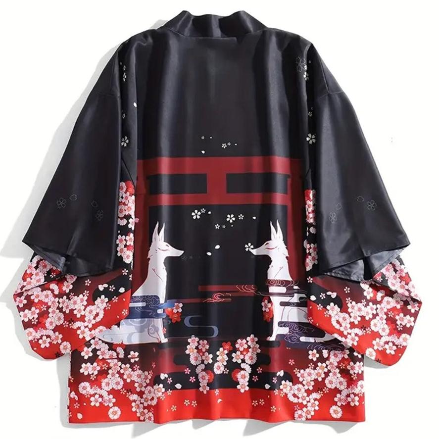 kawaiies-softtoys-plushies-kawaii-plush-Japanese-themed Black Red Fox Snake Shrine Women's Kimono Kimono 