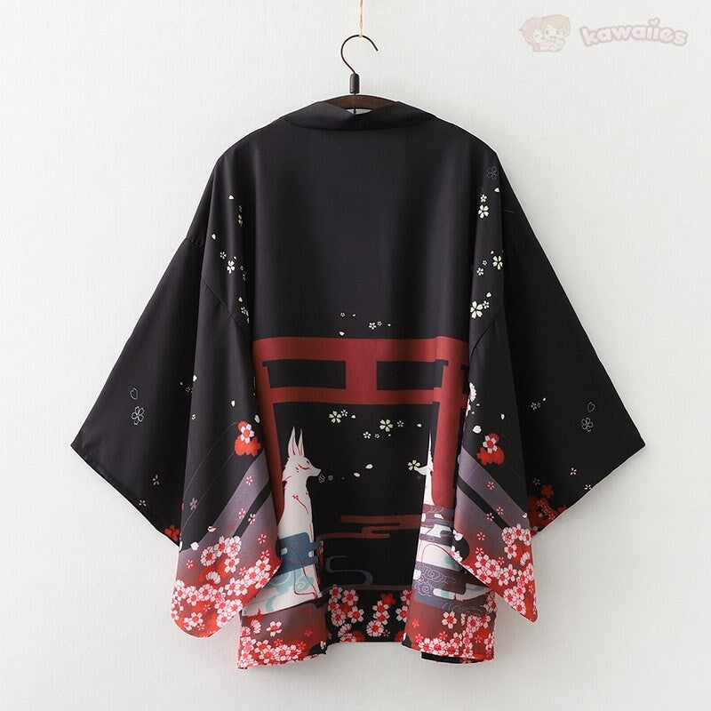 kawaiies-softtoys-plushies-kawaii-plush-Japanese-themed Black Red Fox Snake Shrine Women's Kimono Kimono 