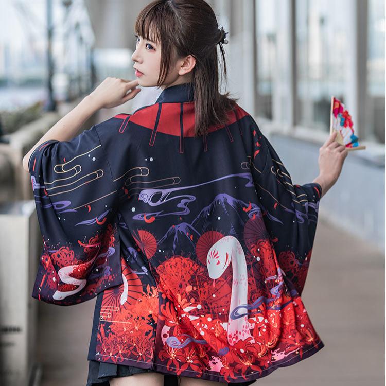 kawaiies-softtoys-plushies-kawaii-plush-Japanese-themed Black Red Fox Snake Shrine Women's Kimono Kimono 