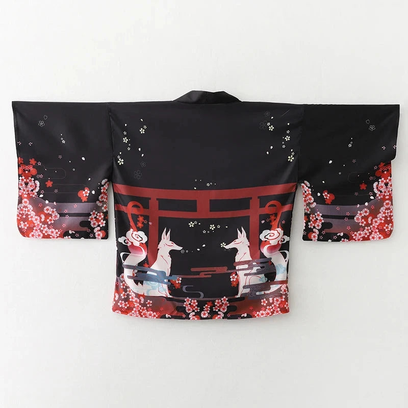 kawaiies-softtoys-plushies-kawaii-plush-Japanese-themed Black Red Fox Snake Shrine Women's Kimono Kimono Fox 