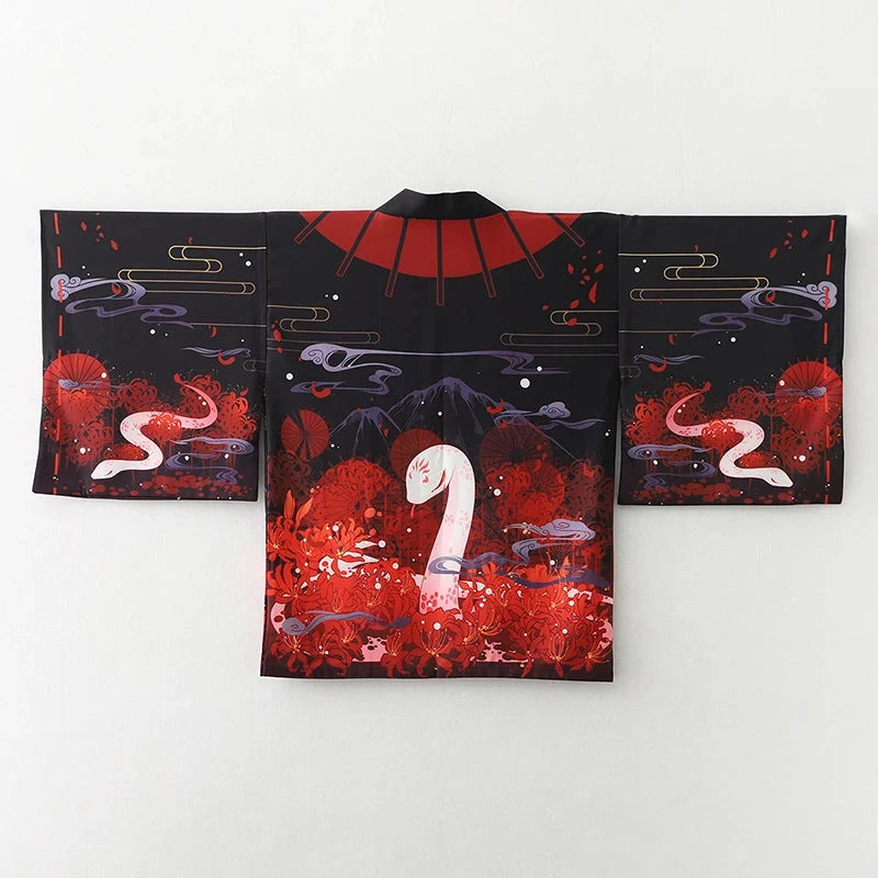 kawaiies-softtoys-plushies-kawaii-plush-Japanese-themed Black Red Fox Snake Shrine Women's Kimono Kimono Snake 