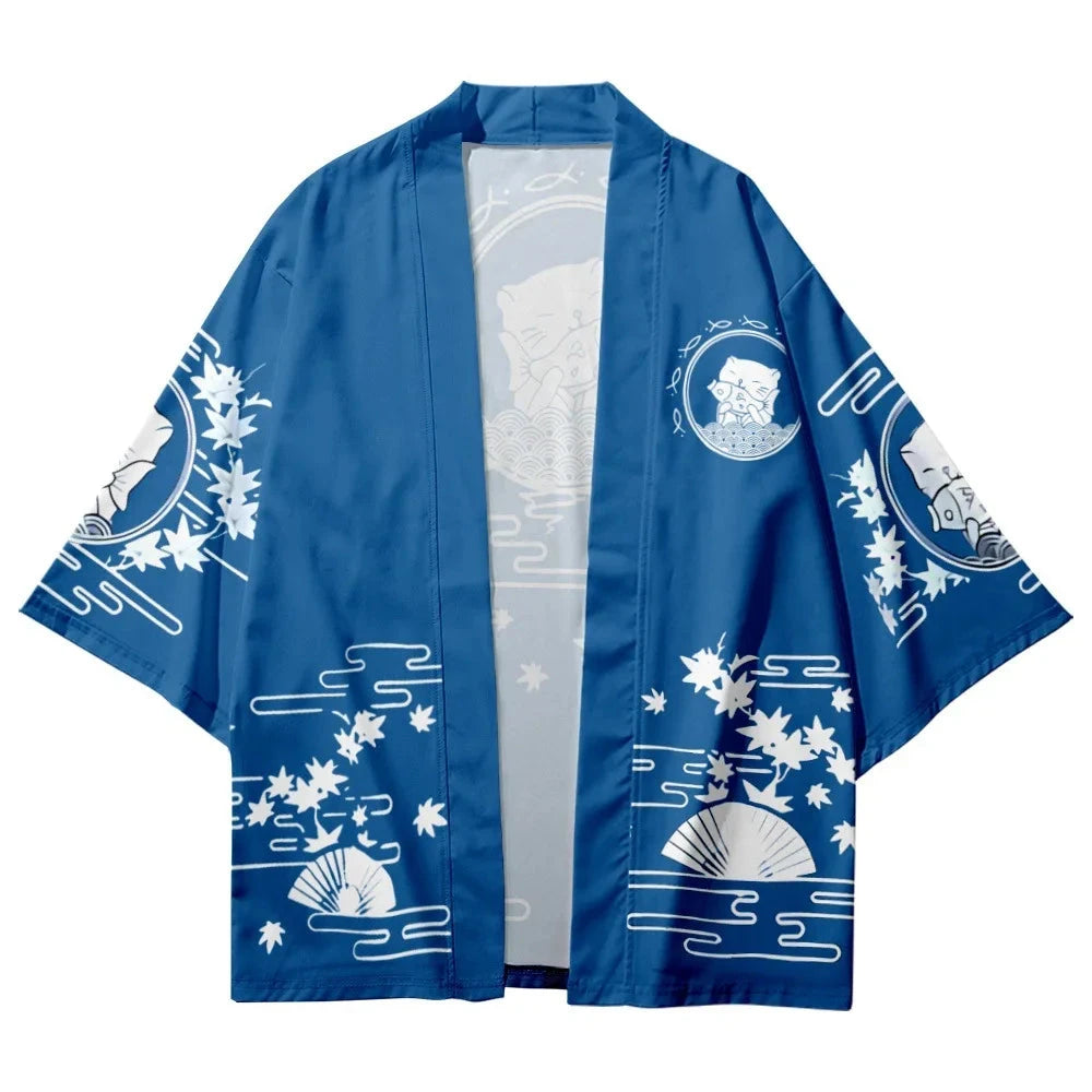 kawaiies-softtoys-plushies-kawaii-plush-Japanese-themed Blue Black Cat Fish Unisex Kimono Top Kimono 