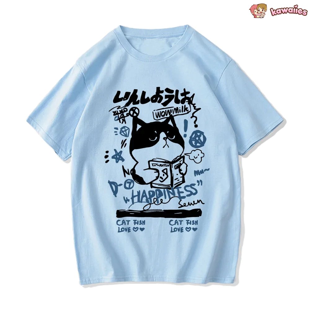 kawaiies-softtoys-plushies-kawaii-plush-Japanese-themed Cat Finding Happiness Unisex Tee Apparel 