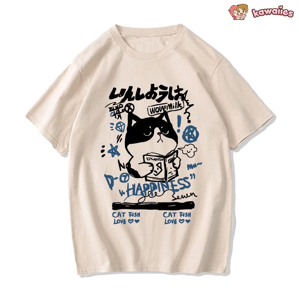 kawaiies-softtoys-plushies-kawaii-plush-Japanese-themed Cat Finding Happiness Unisex Tee Apparel 