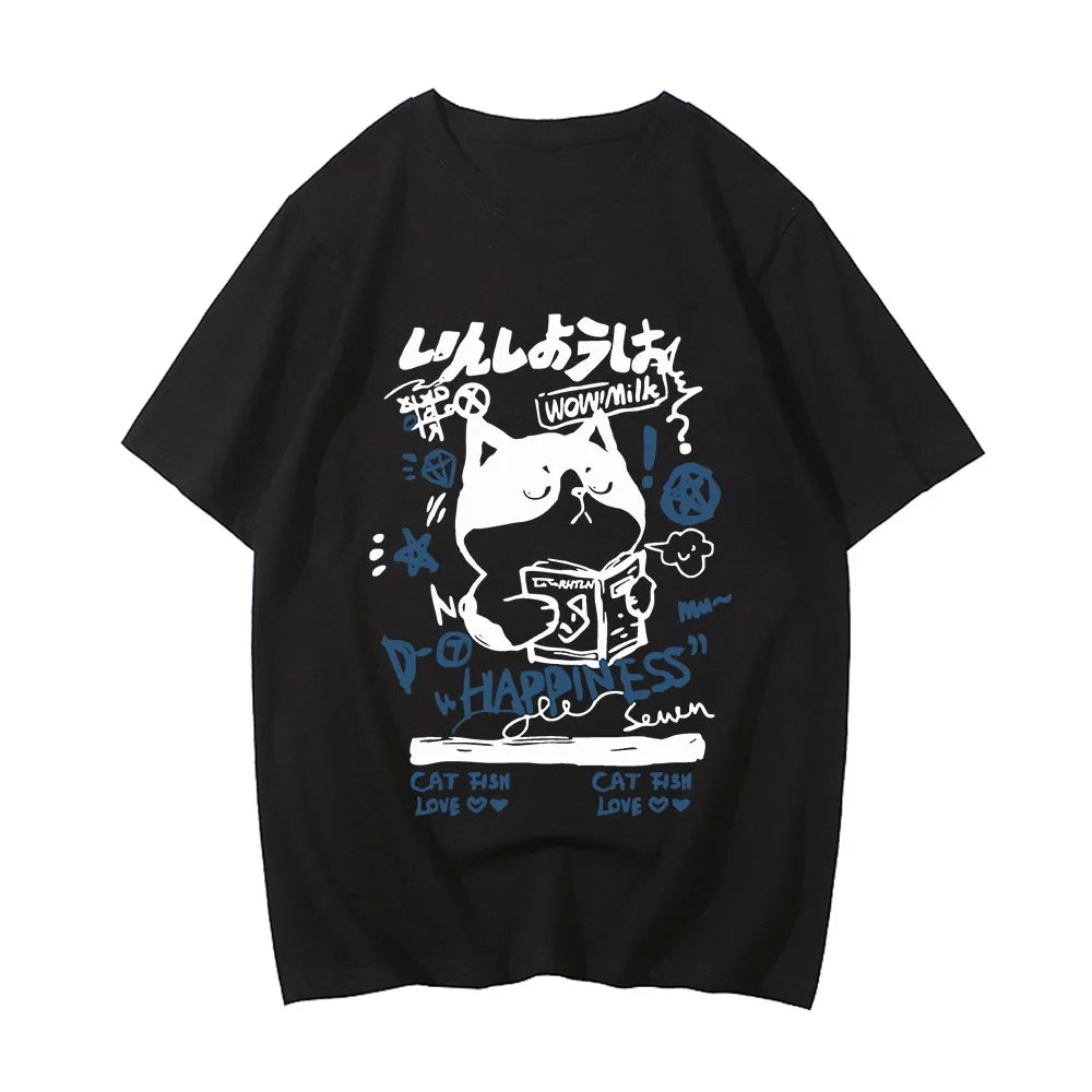 kawaiies-softtoys-plushies-kawaii-plush-Japanese-themed Cat Finding Happiness Unisex Tee Apparel Black XS 