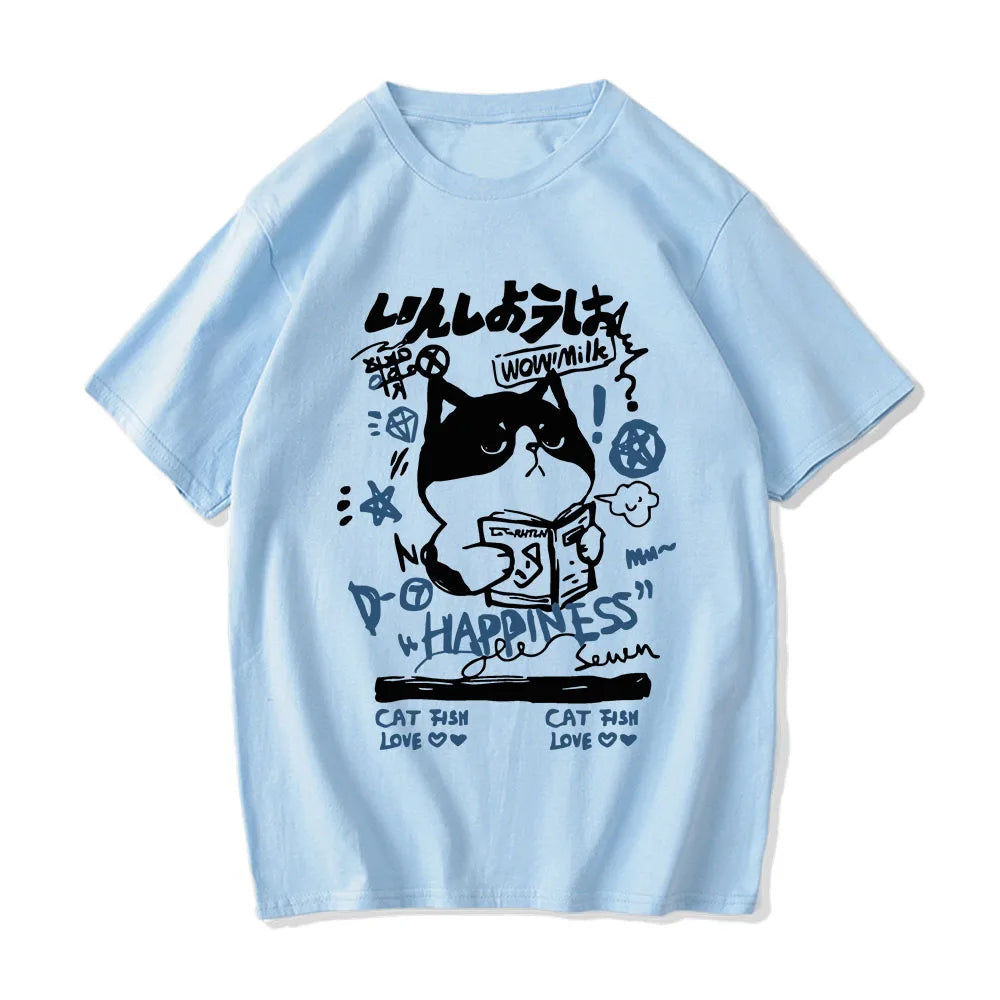 kawaiies-softtoys-plushies-kawaii-plush-Japanese-themed Cat Finding Happiness Unisex Tee Apparel Blue XS 