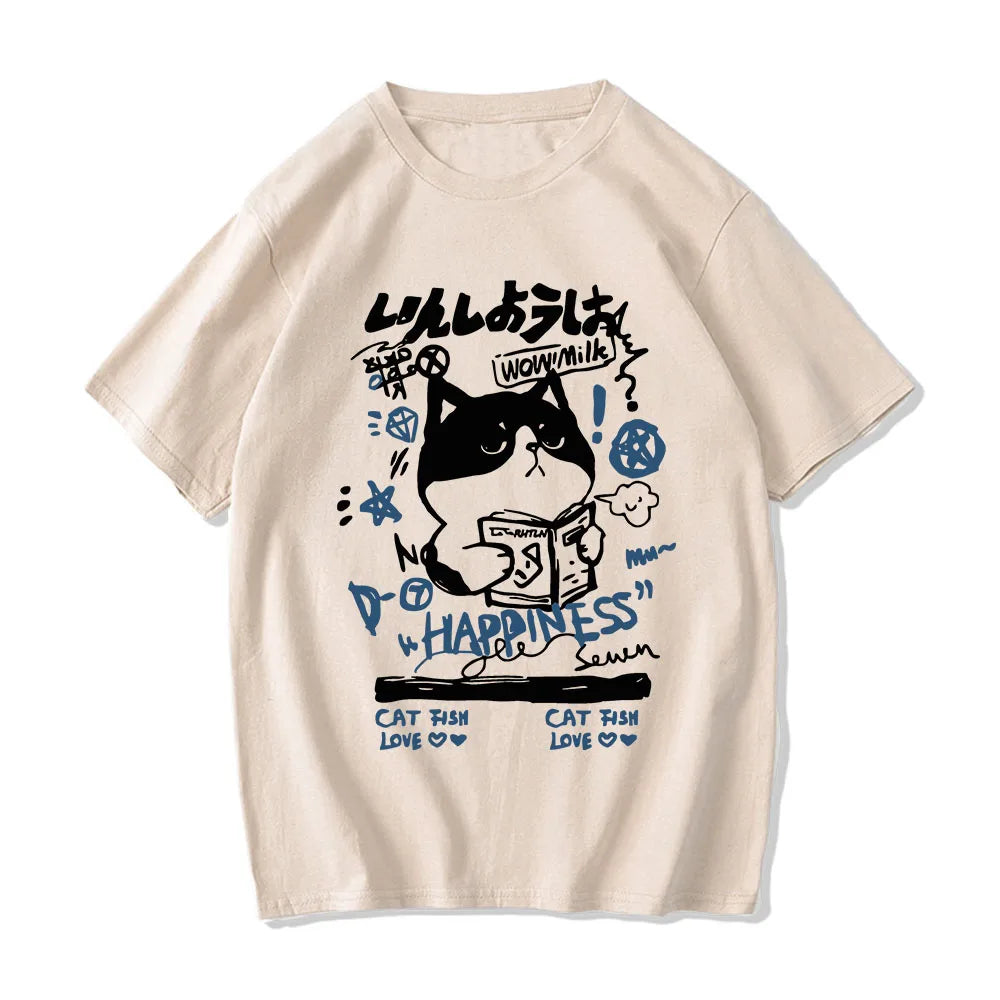 kawaiies-softtoys-plushies-kawaii-plush-Japanese-themed Cat Finding Happiness Unisex Tee Apparel Cream XS 